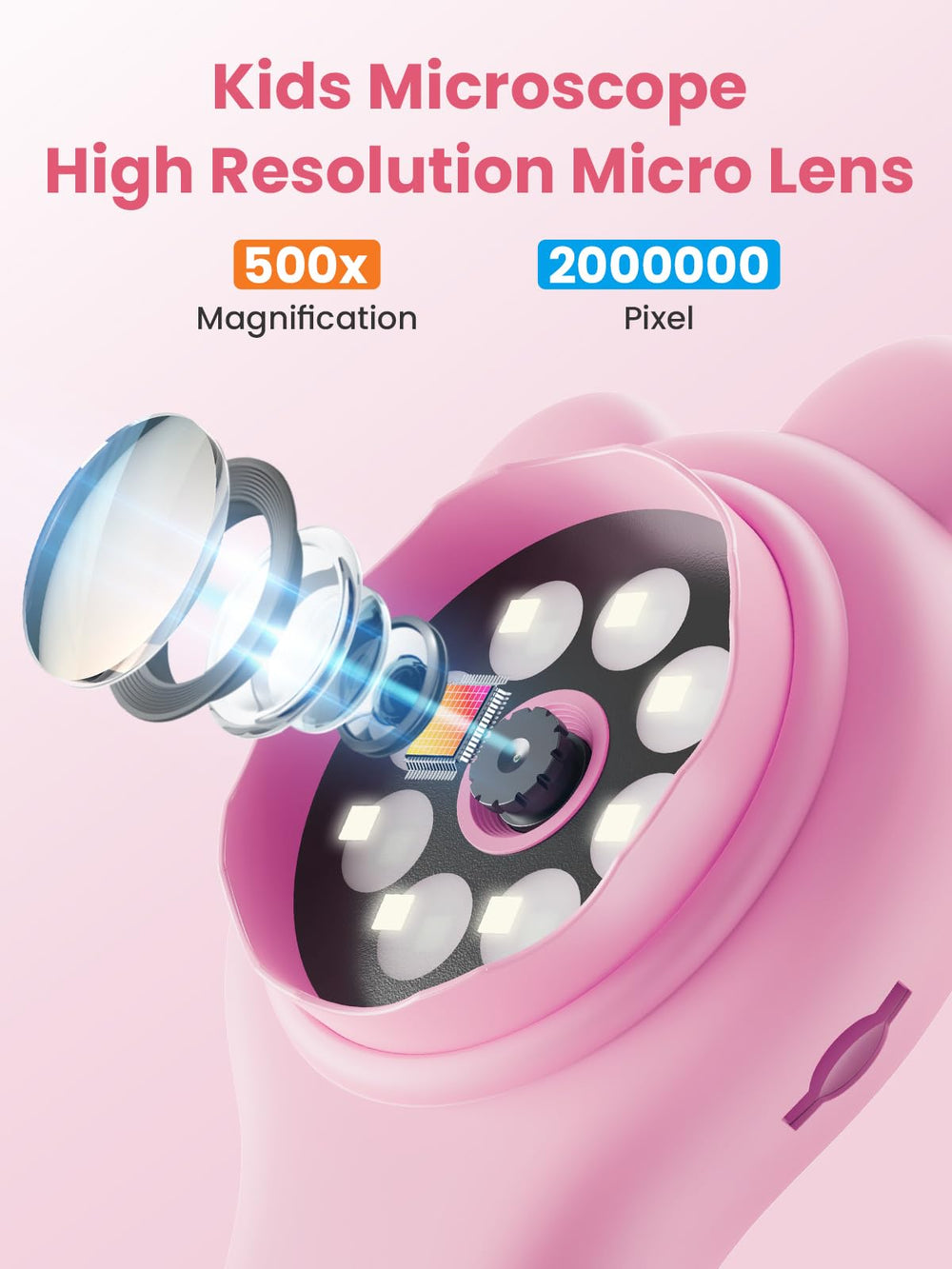 Vorth kids microscope with eight LED lights for clear images in dim light
