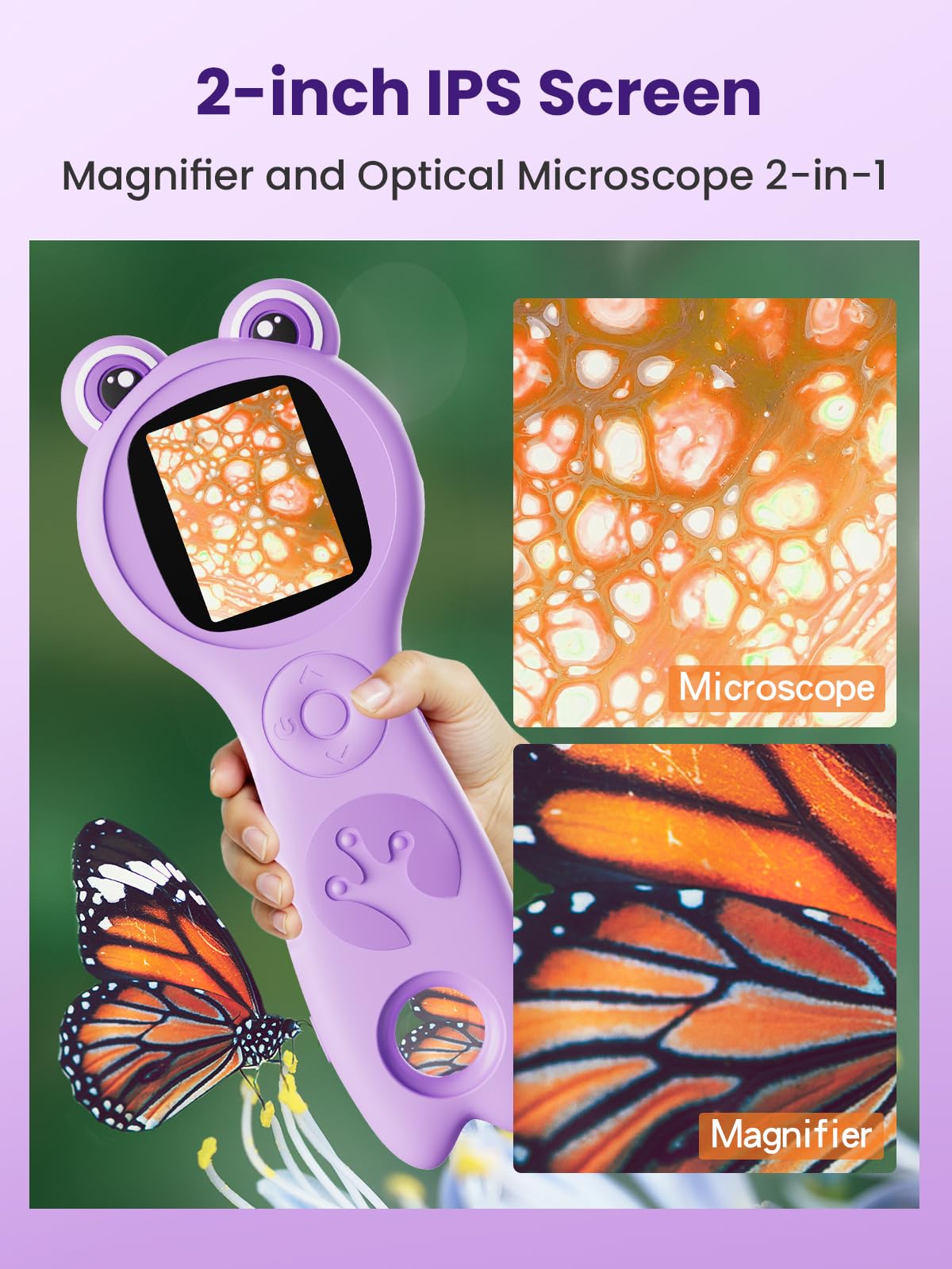 Vorth microscope delivers 500x magnification for tiny specimen details.