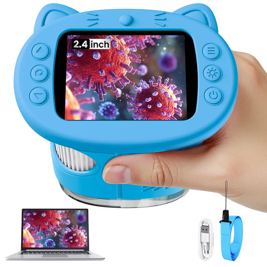 Vorth kids blue microscope front view highlighting compact, sturdy build
