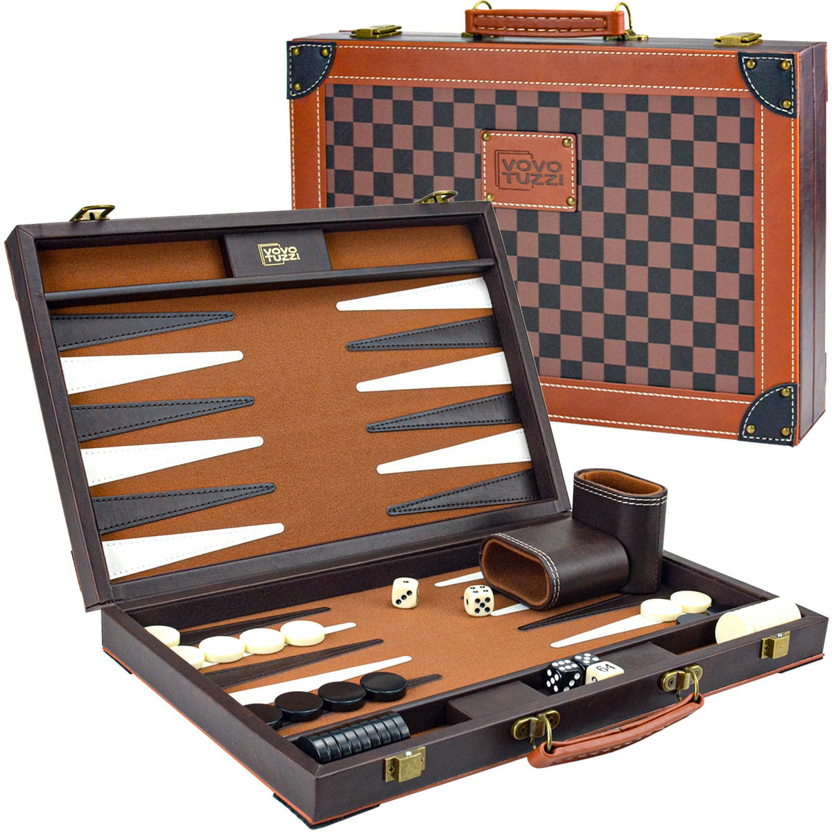 Vovotuzzi 15-inch backgammon board in brown PU leather with classic checkerboard design.