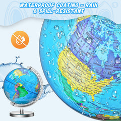 Voxelure educational globe supports kids' geography exploration and guided questions.