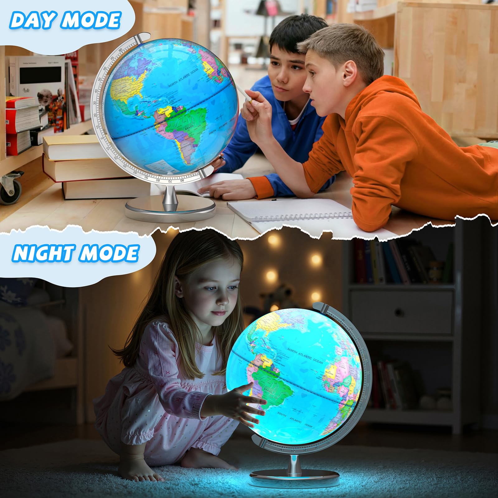 Voxelure world-map globe on a stand highlights geographic boundaries for family learning.
