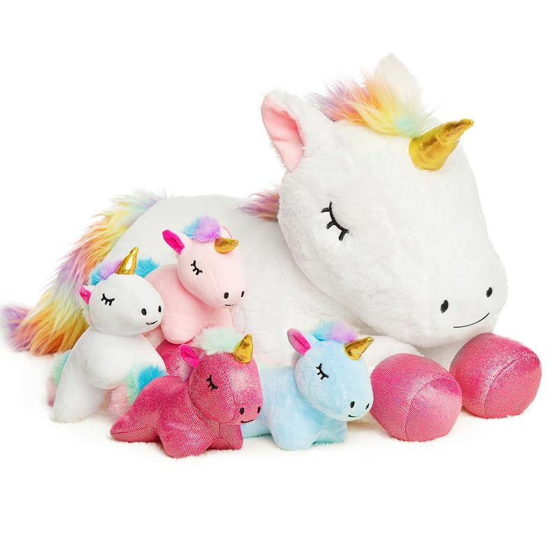 Vposyako five-piece unicorn set with mommy and four babies for imaginative play.