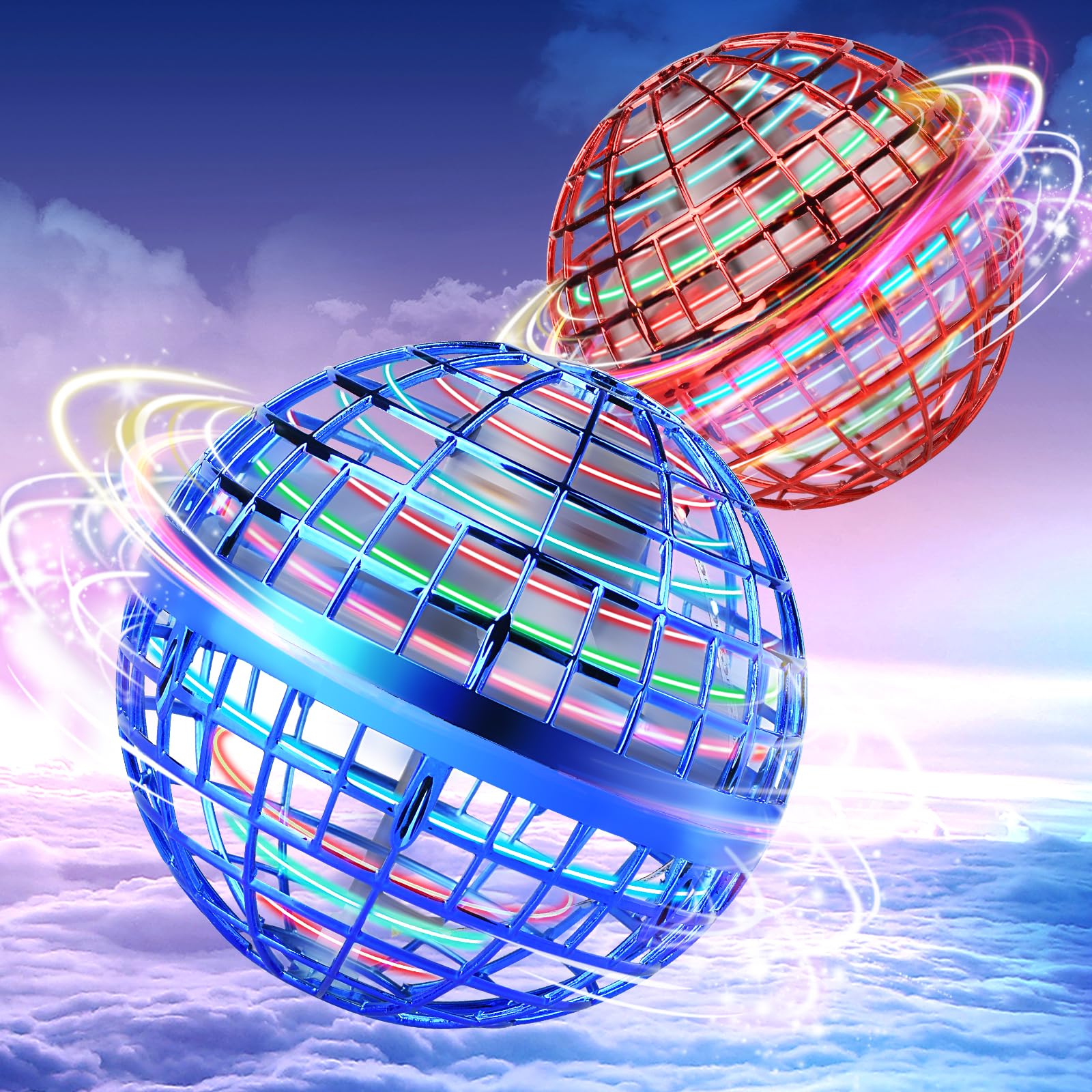 Vrainito Flying Orb Ball blue front view with glow lights for immersive play