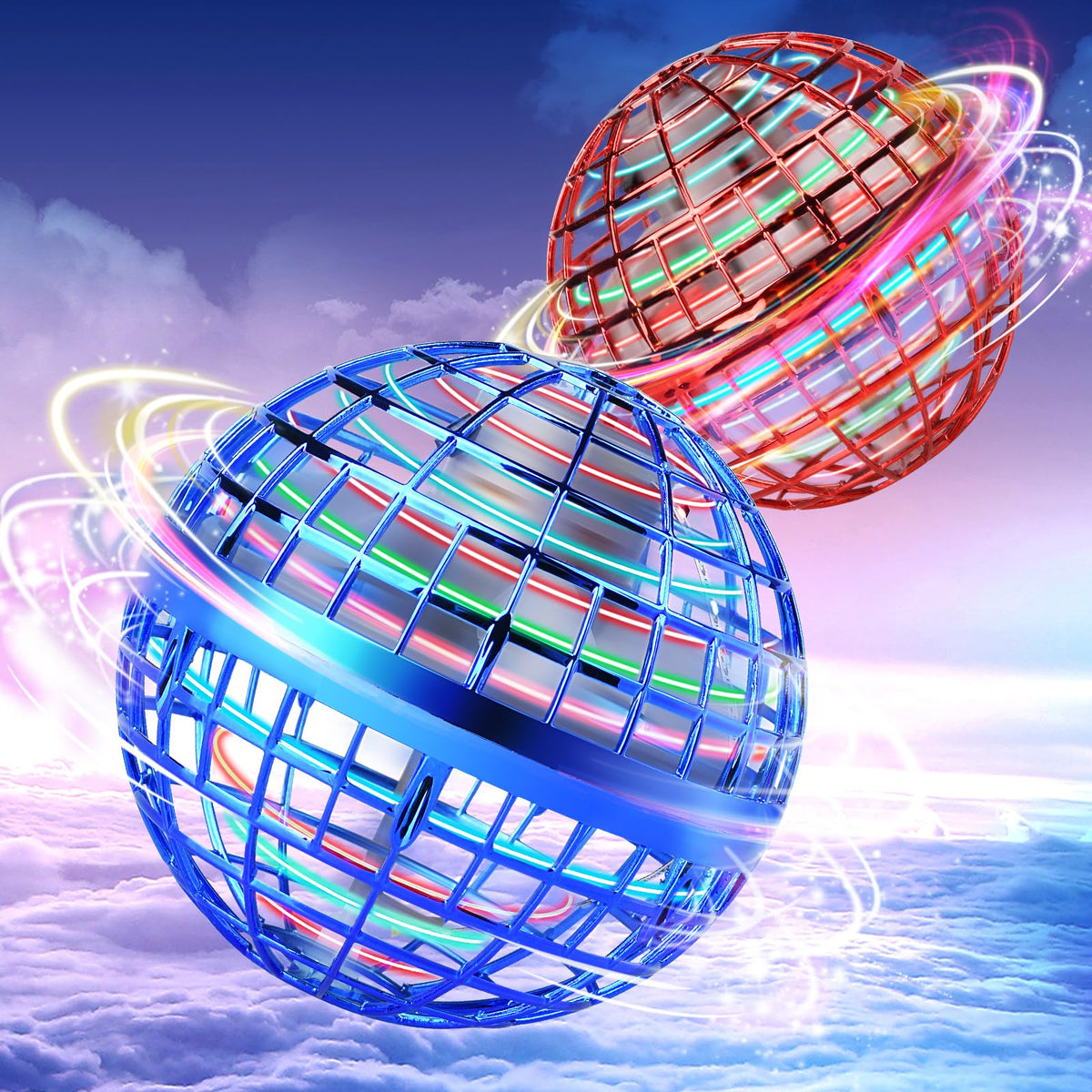 Vrainito Flying Orb Ball blue front view with glow lights for immersive play
