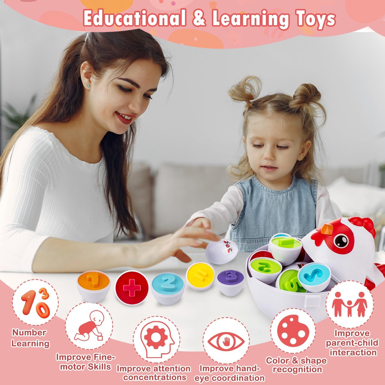 VROGTIK color and shape identification eggs support early learning through sorting.