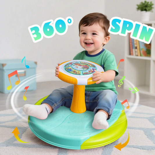 VROGTIK Dinosaur Sit and Spin Toy with LED lights in action for visual engagement.
