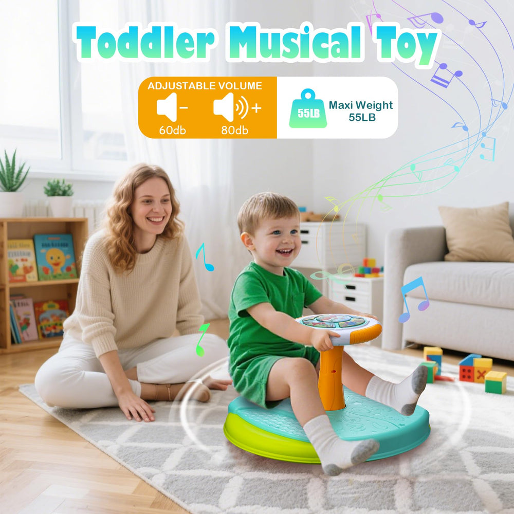 VROGTIK Dinosaur Sit and Spin Toy — kids using the built-in music buttons to explore rhythms.
