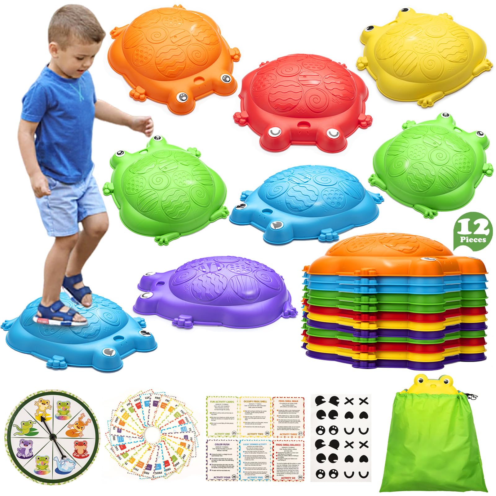 VROGTIK Frog Balance Stones 12-piece set ready for indoor or outdoor balance play.