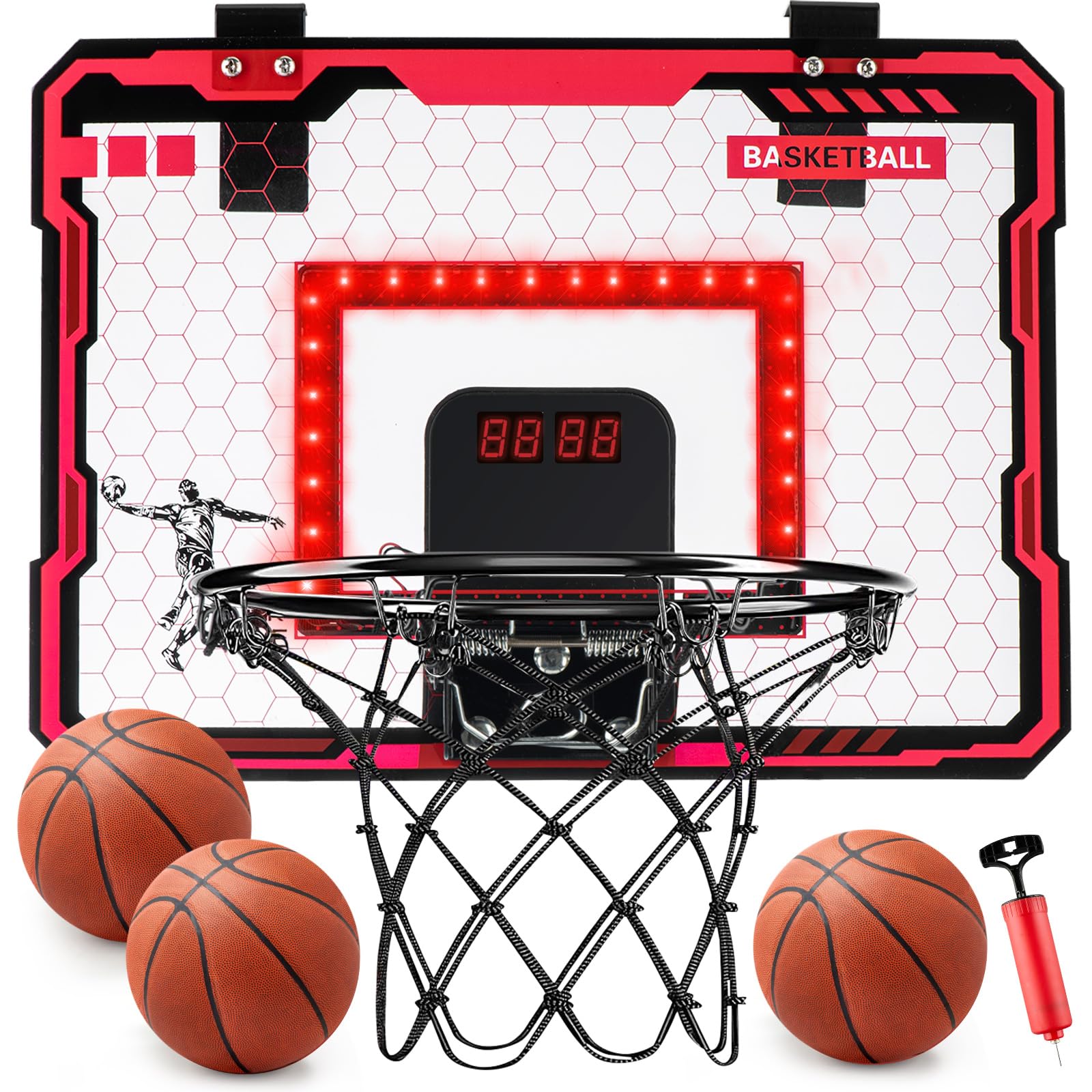 VROGTIK indoor basketball hoop with red LED scoreboard for kids' play and scoring