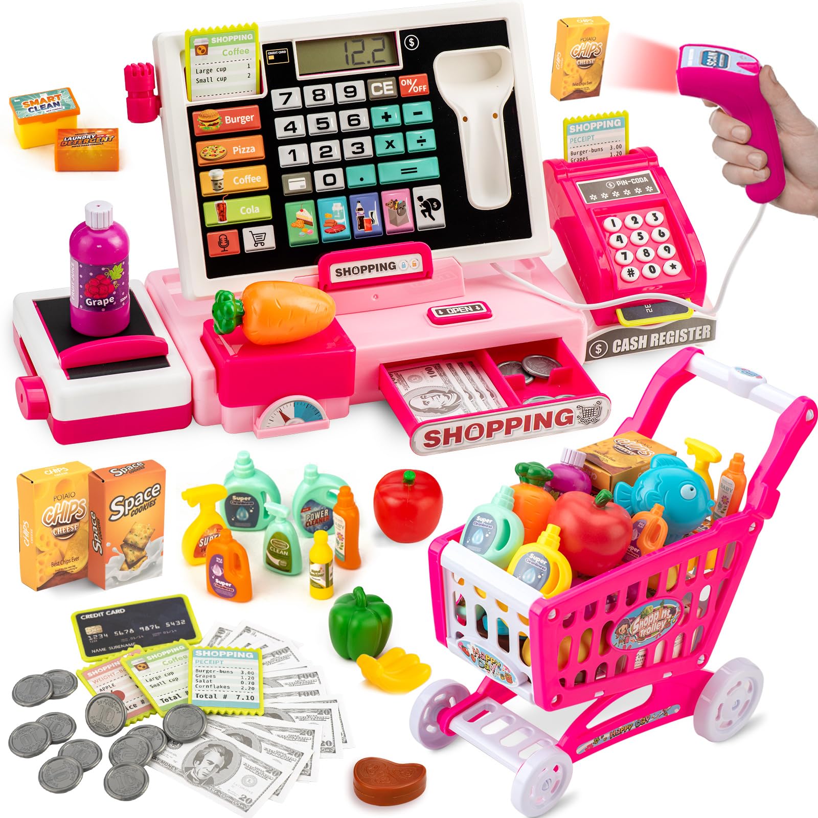 VROGTIK kids cash register toy for pretend shopping and basic math skills.