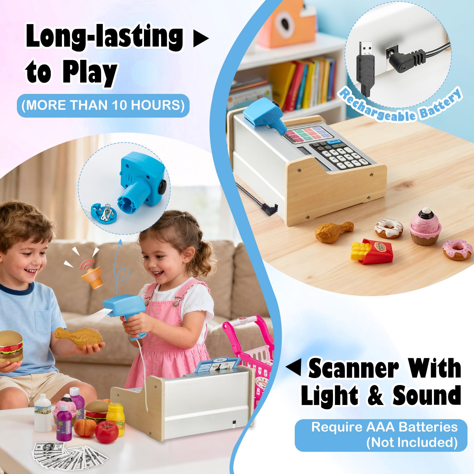 VROGTIK pretend store shopping cart helps organize items during play.