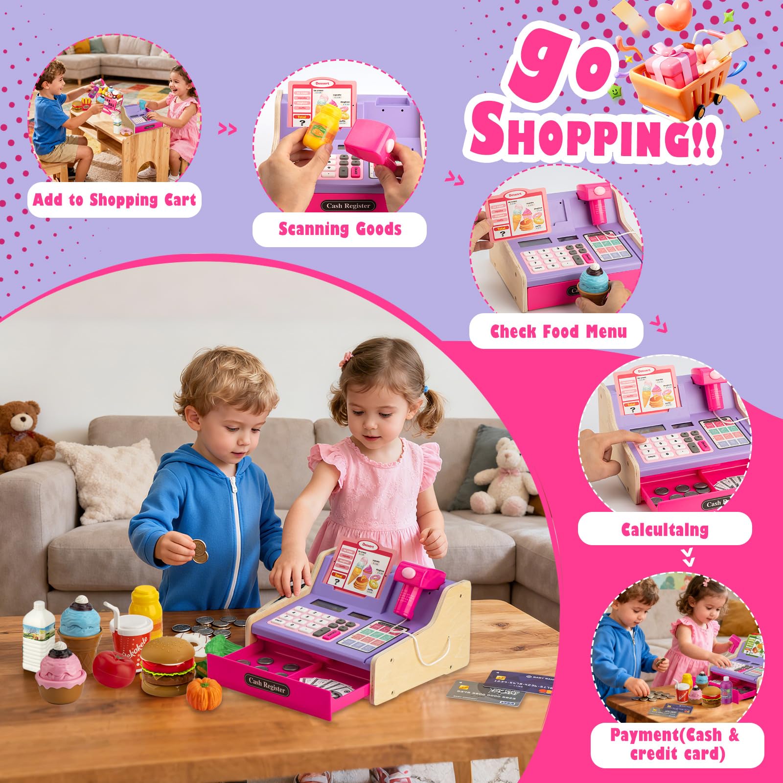 VROGTIK shopping cart rolls smoothly for realistic pretend shopping experiences.