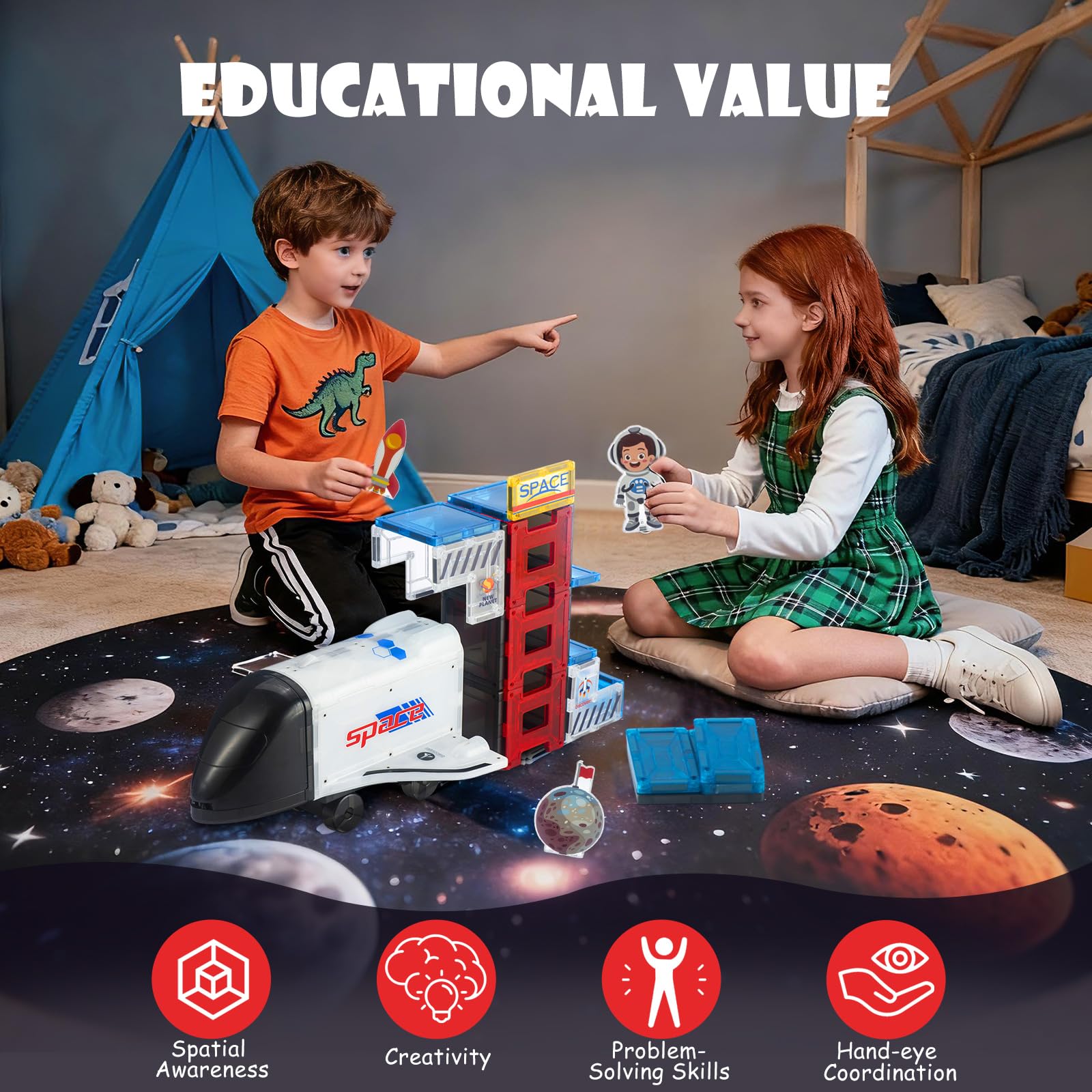 VROGTIK Space Theme Magnetic Tiles space station assembly for cooperative building