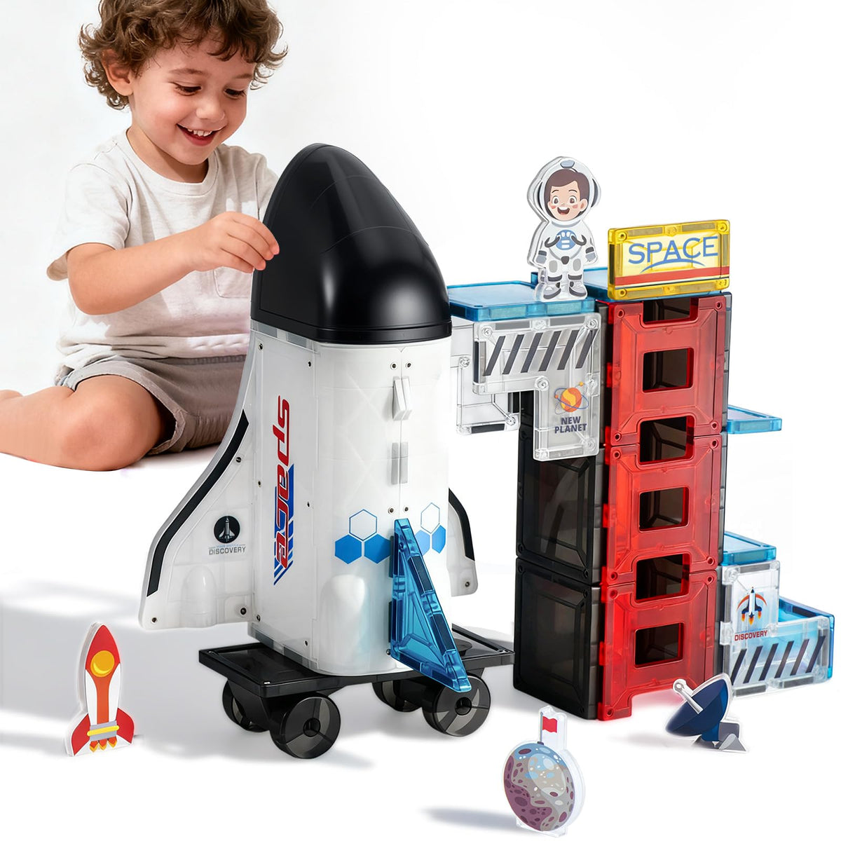 VROGTIK Space Theme Magnetic Tiles rocket ship focus enhances imaginative play