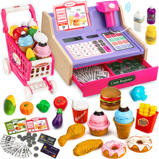 VROGTIK wooden cash register for kids with rotating buttons boosts imaginative play.