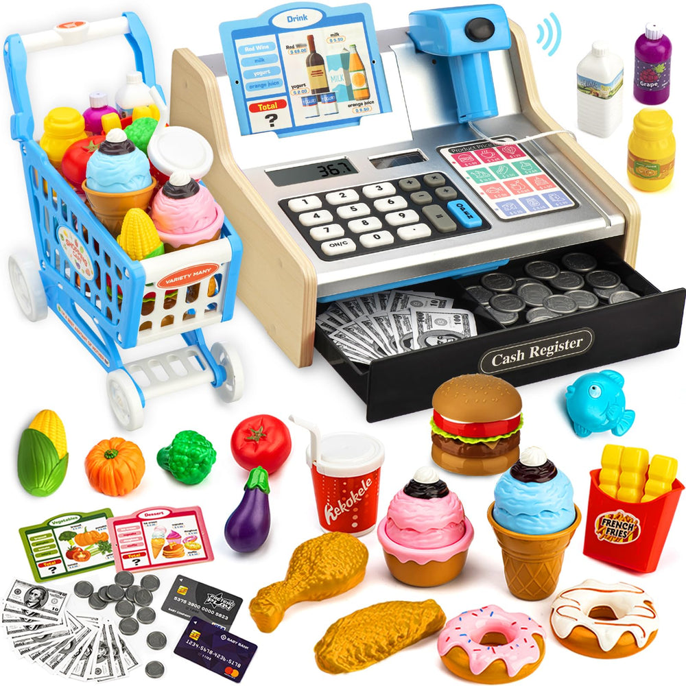 VROGTIK wooden cash register with shopping cart for immersive pretend shopping.