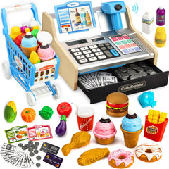 VROGTIK wooden cash register with shopping cart for immersive pretend shopping.