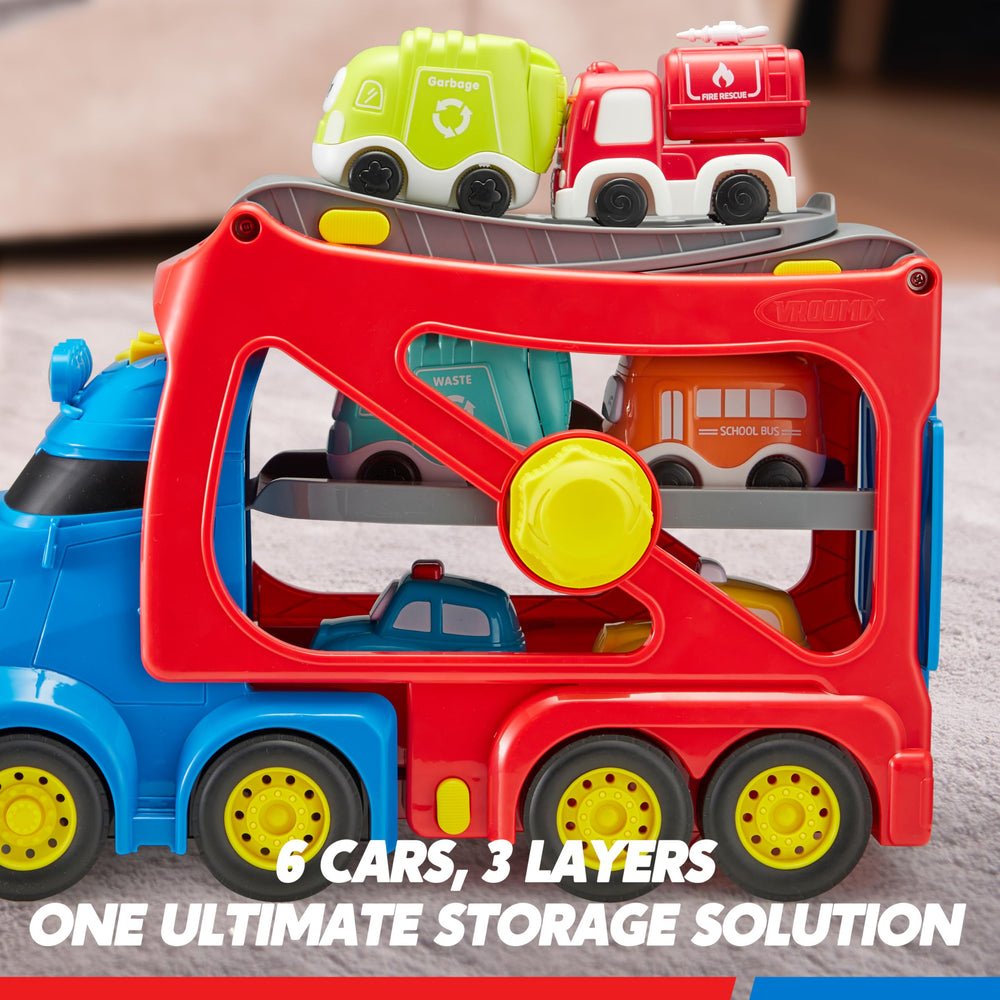 Vroomix big transport truck with six toy cars for playtime.