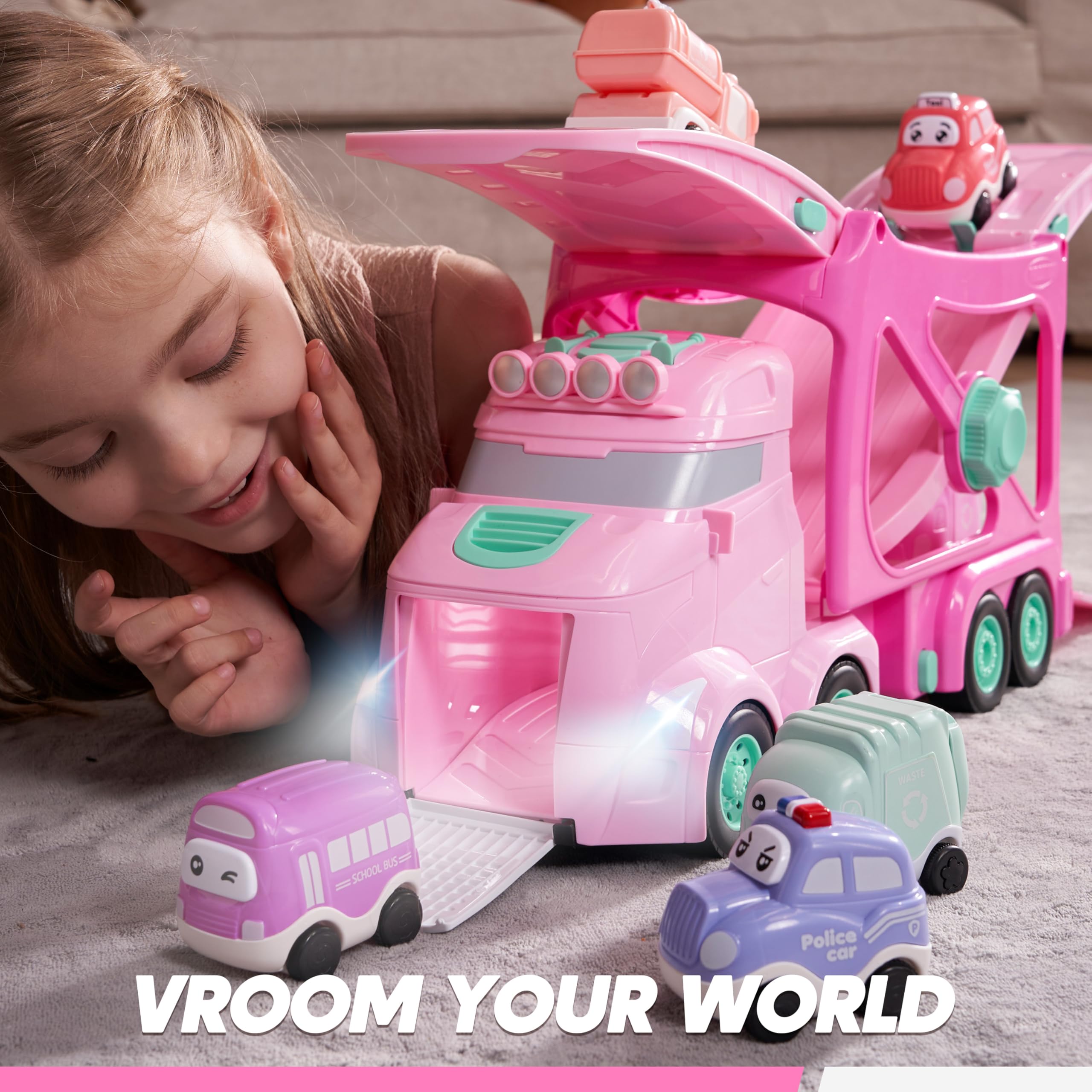 Vroomix side view of the large carrier truck in pink