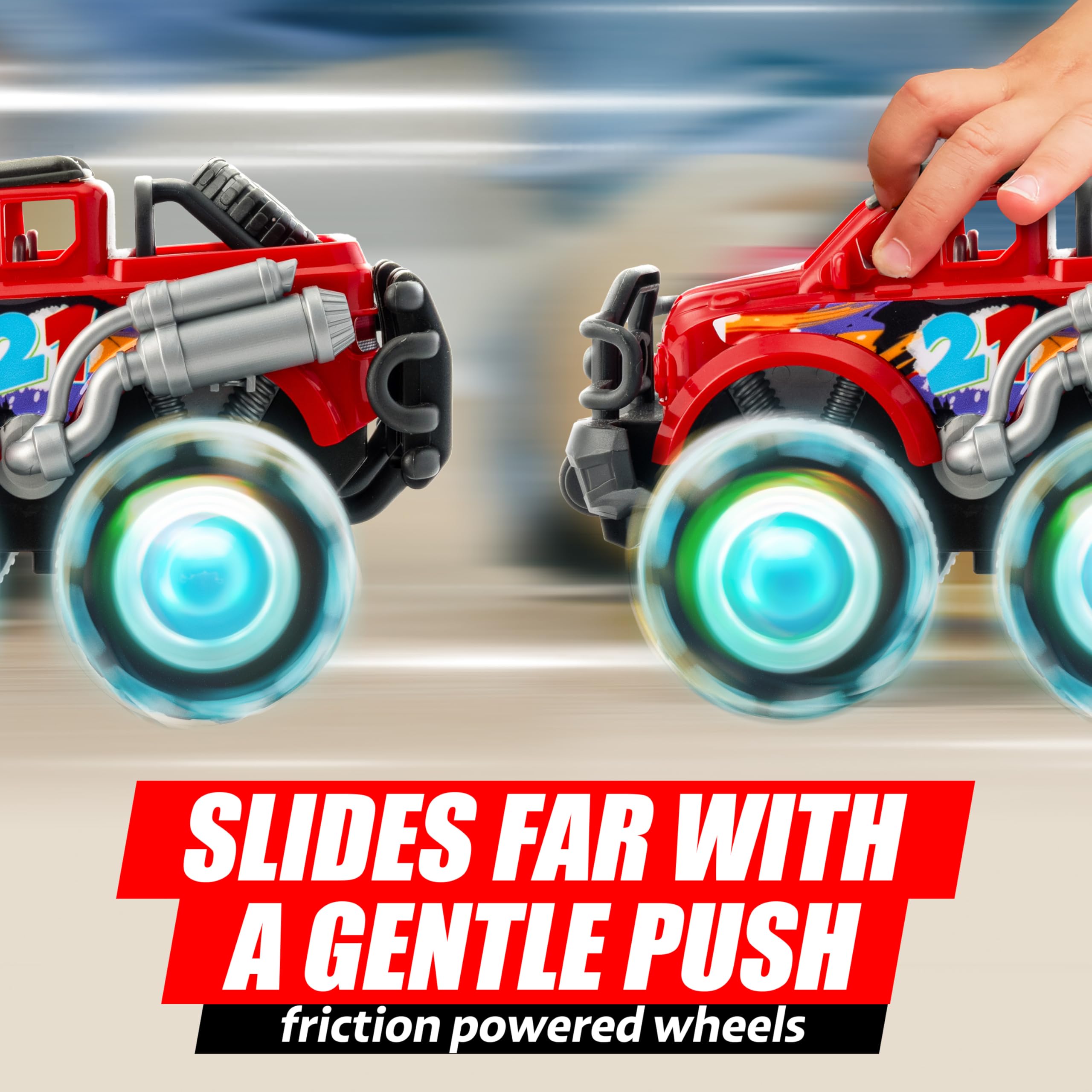 Vroomix GlowRover triple-pack LED wheels close-up highlights safety-friendly features