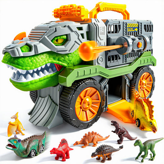 Vroomix Jova dinosaur-carrier truck with sliding tracks for imaginative play and motor skill practice.