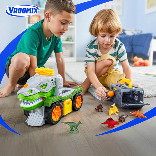 Vroomix Jova dinosaur cars inside for quick setup and compact storage.