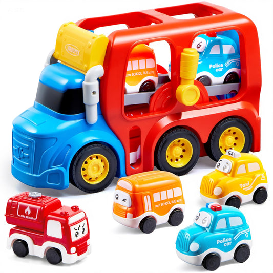 Vroomix Jova toddler truck pack inside shows four cars neatly stored for travel.