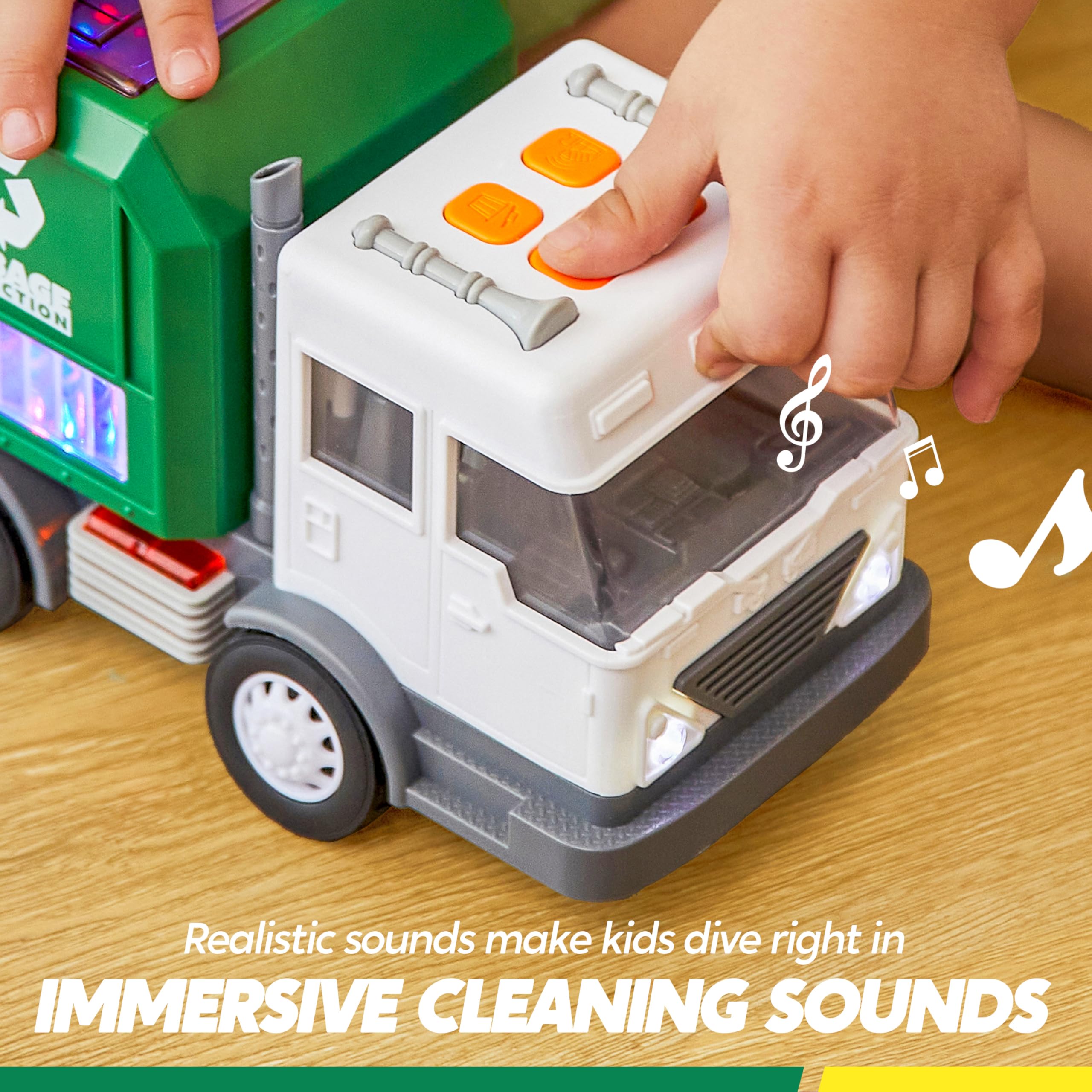Vroomix LED garbage truck toy set bump-and-go action encourages dynamic pretend play.