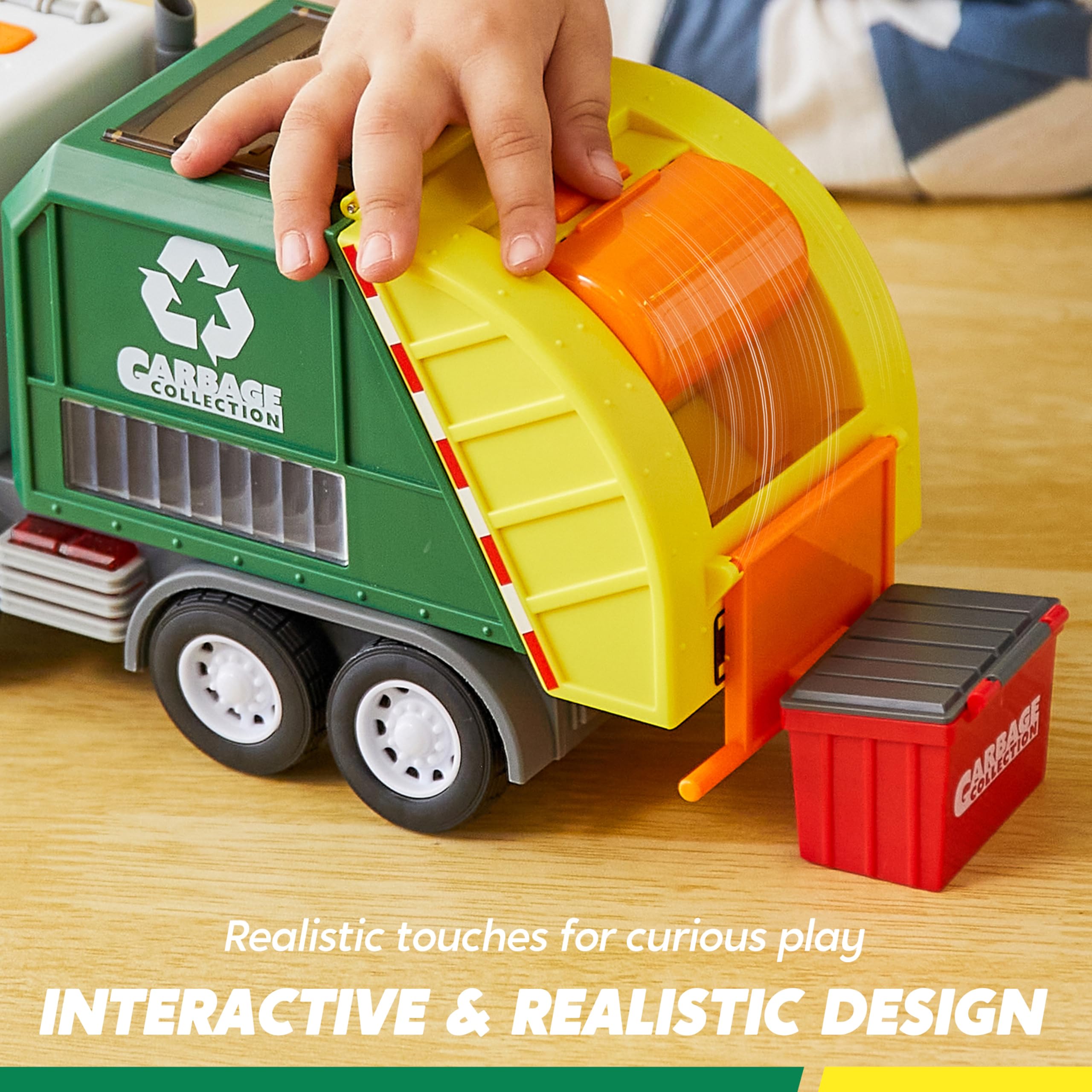 Vroomix LED garbage truck toy set button-panel detail supports interactive learning through sounds.
