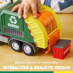 Vroomix LED garbage truck toy set button-panel detail supports interactive learning through sounds.