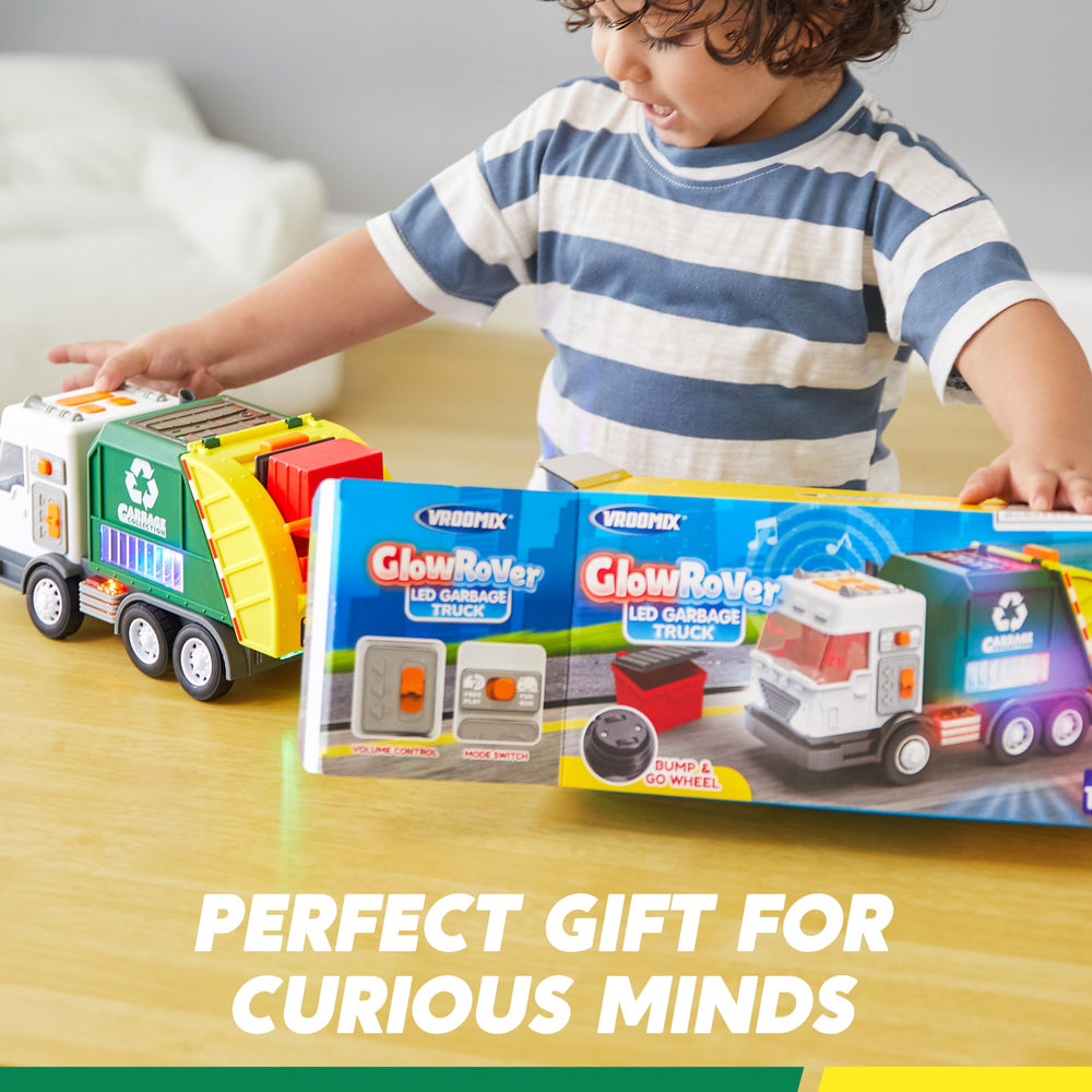 Vroomix LED garbage truck toy set packaging display helps shopper recognize product at a glance.