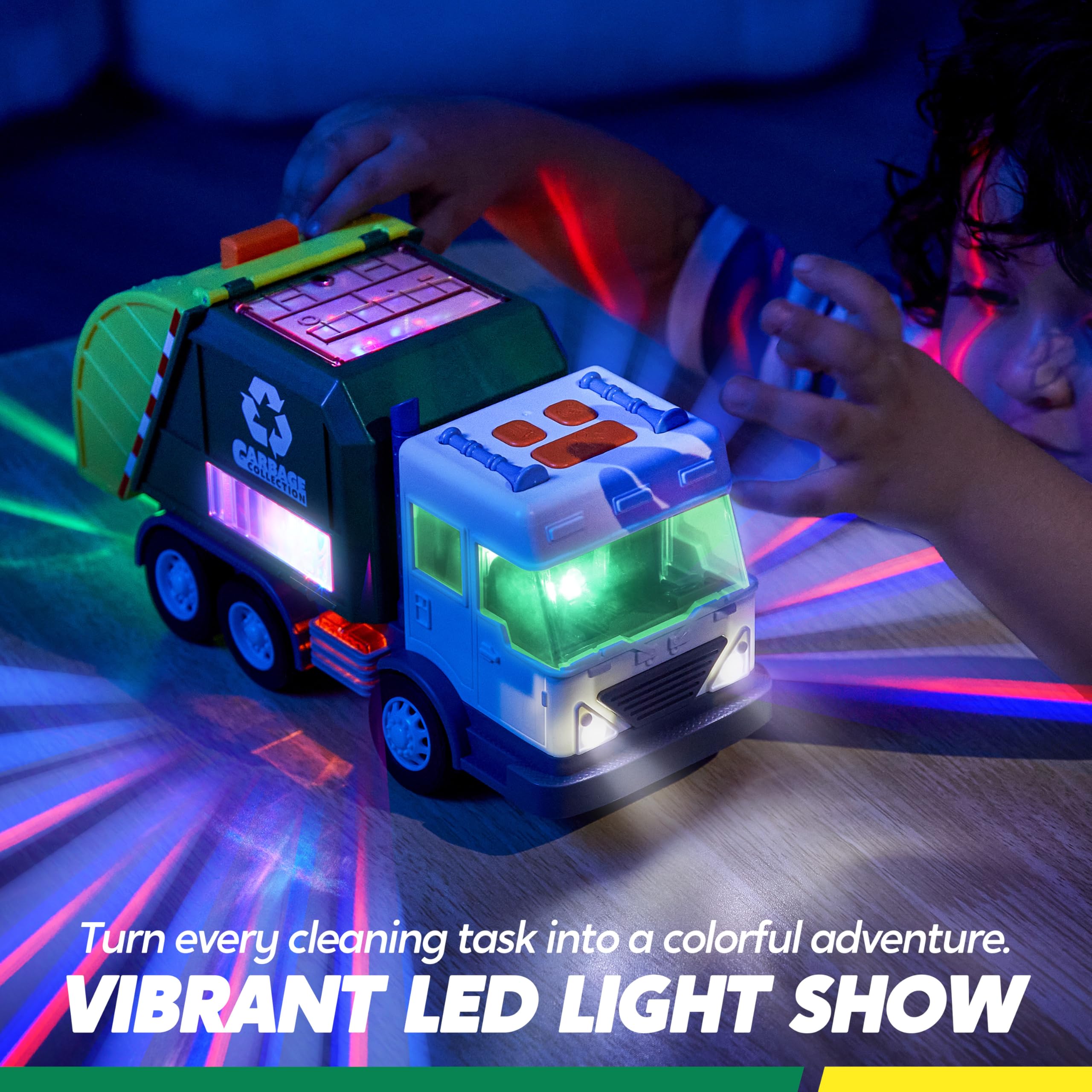 Vroomix LED garbage truck toy set side view highlights realistic design for role play.