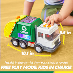 Vroomix LED garbage truck toy set wheel motion engages motor skills during exploration.