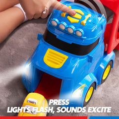 Vroomix truck with siren and lights enhances sensory play experiences.