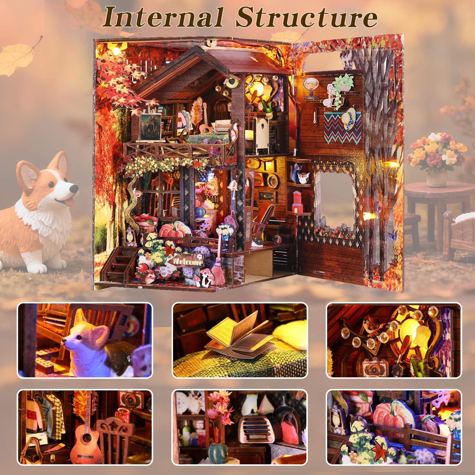Vruelia Cozy Woodland Puzzle with LED creates warm fireplace vibes for nights in