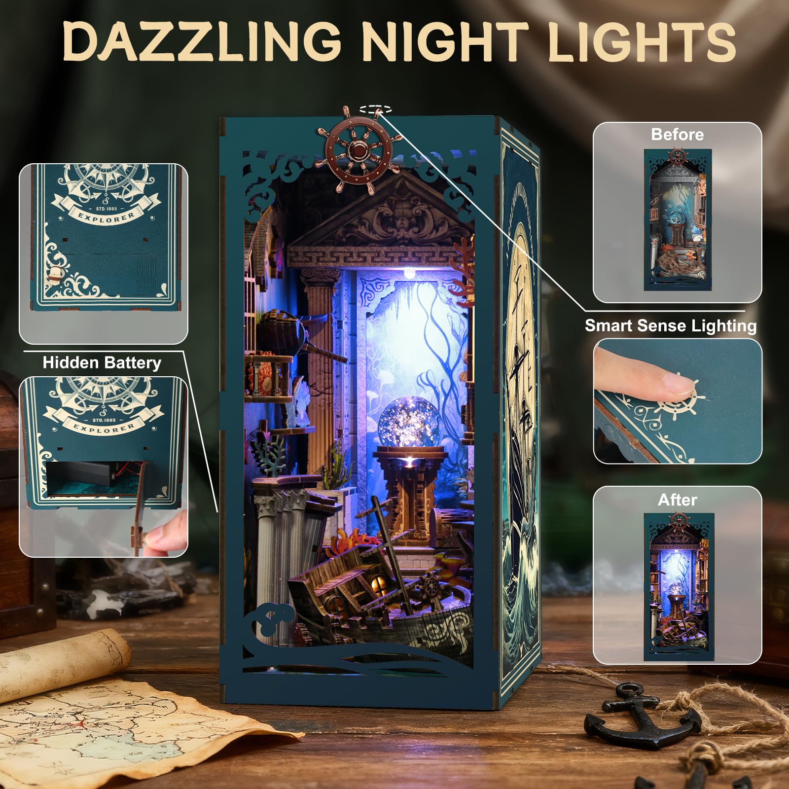 Vruelia Ocean Mystery shipwreck figures showcased in intricate, collectible diorama.