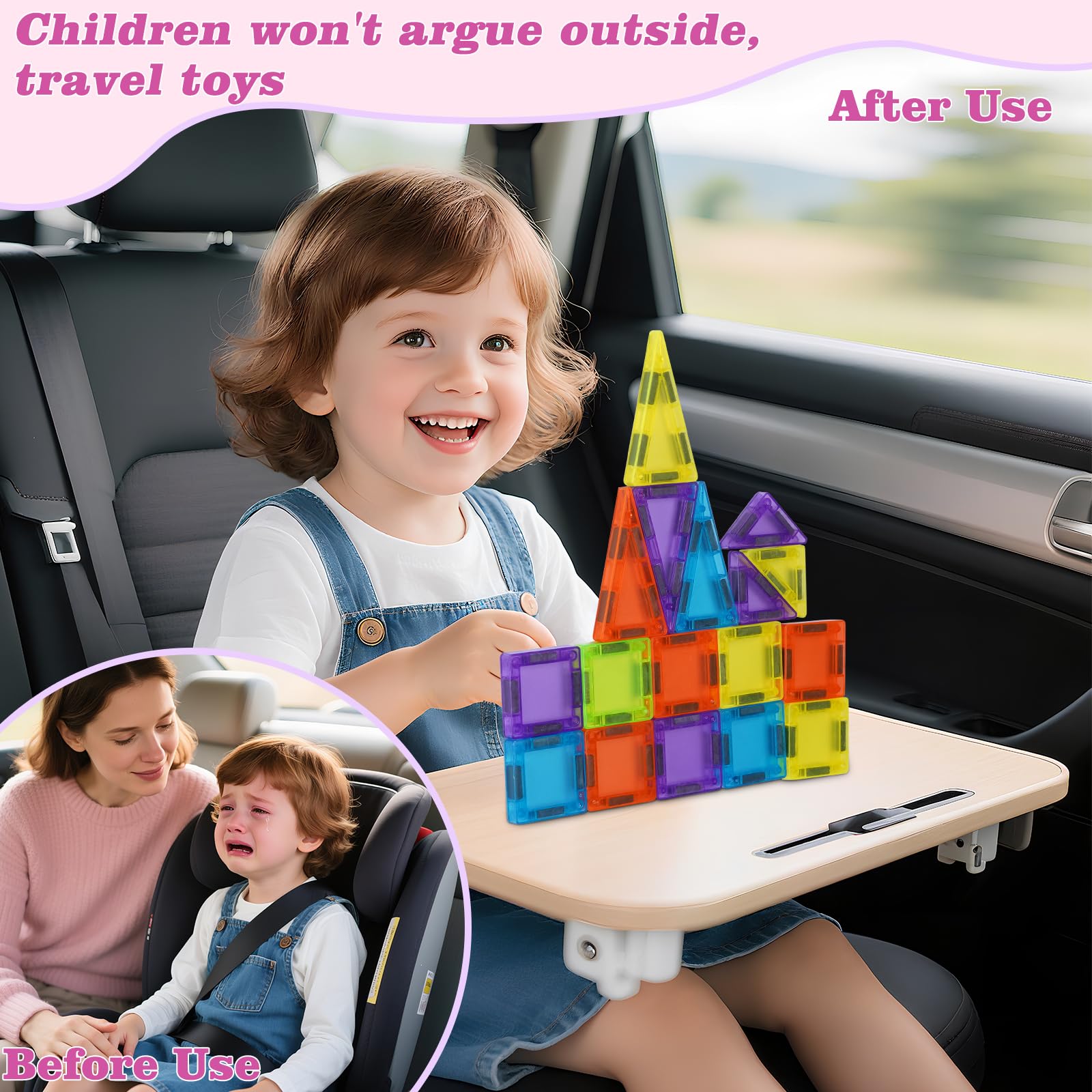 Vrythn Kids playing with magnetic tiles on a plane or car.