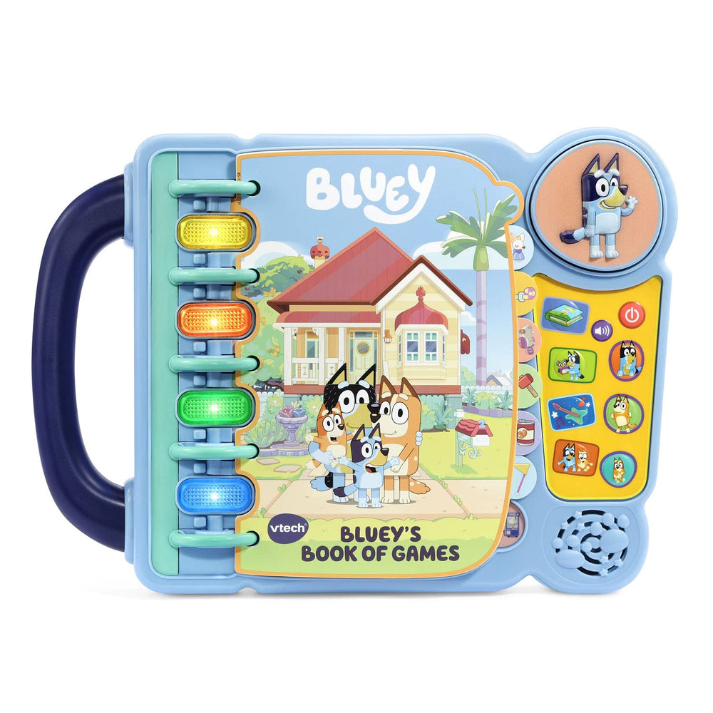 VTech Bluey Book of Games cover featuring Bluey and Bingo inviting imaginative play.