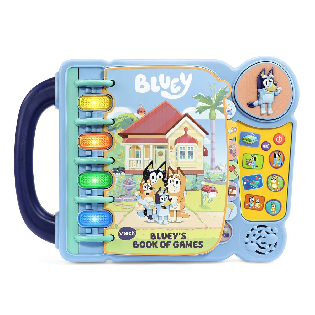 VTech Bluey Book of Games cover featuring Bluey and Bingo inviting imaginative play.