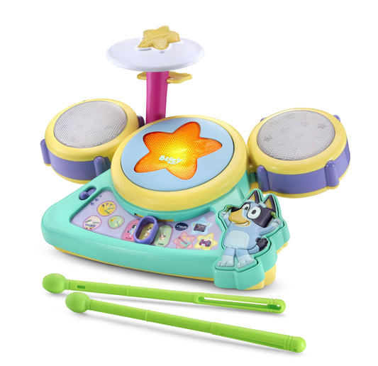 VTech Bluey Hooray Drum Set with drum pads light up for interactive rhythm play