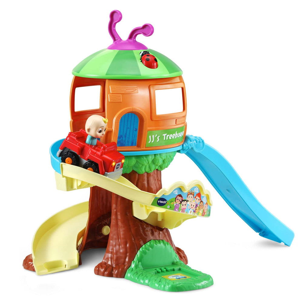 VTech CoComelon Go! Go! Smart Wheels Treehouse Track Set spiral track promotes motor skills.