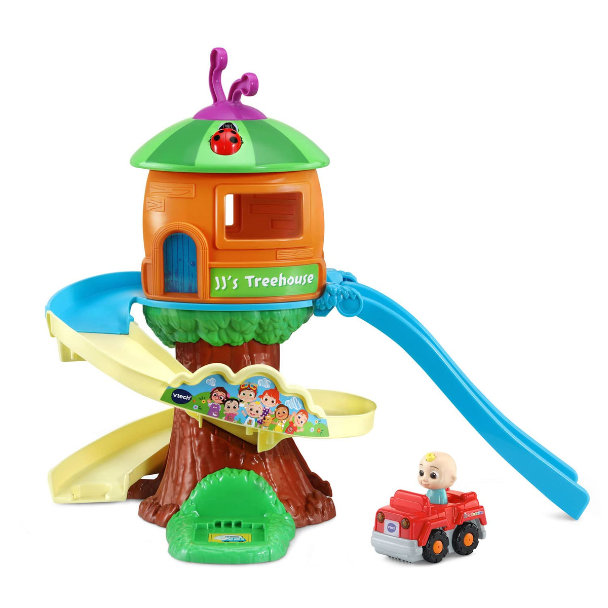 VTech CoComelon Go! Go! Smart Wheels Treehouse Track Set treehouse ramp enhances imaginative play.