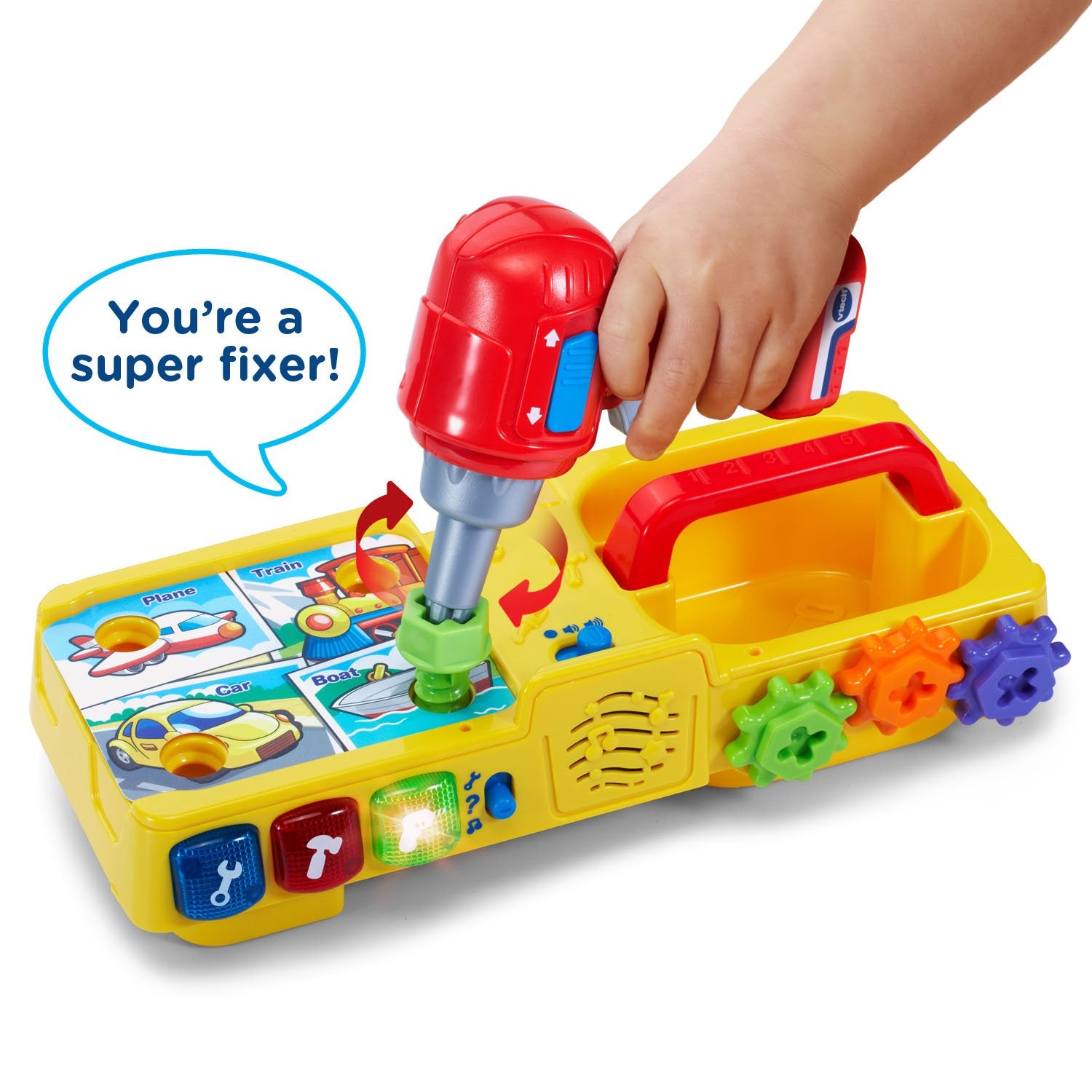 VTech Drill and Learn Toolbox includes batteries for demo and ready for exploration.