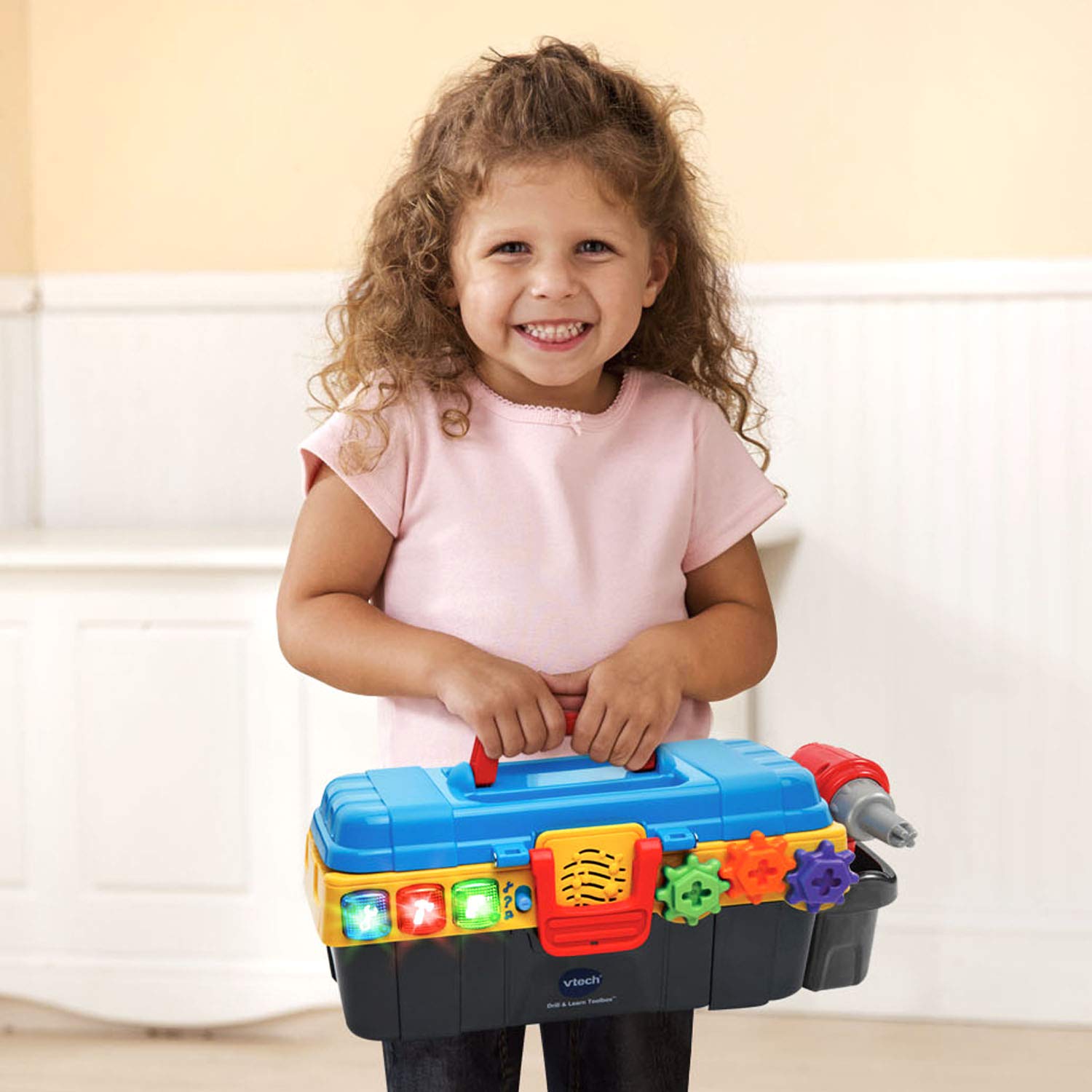 VTech Drill and Learn Toolbox drill spins gears for hands-on motion play.