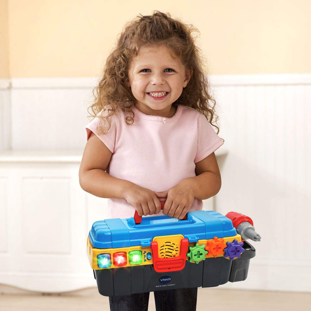 VTech Drill and Learn Toolbox drill spins gears for hands-on motion play.