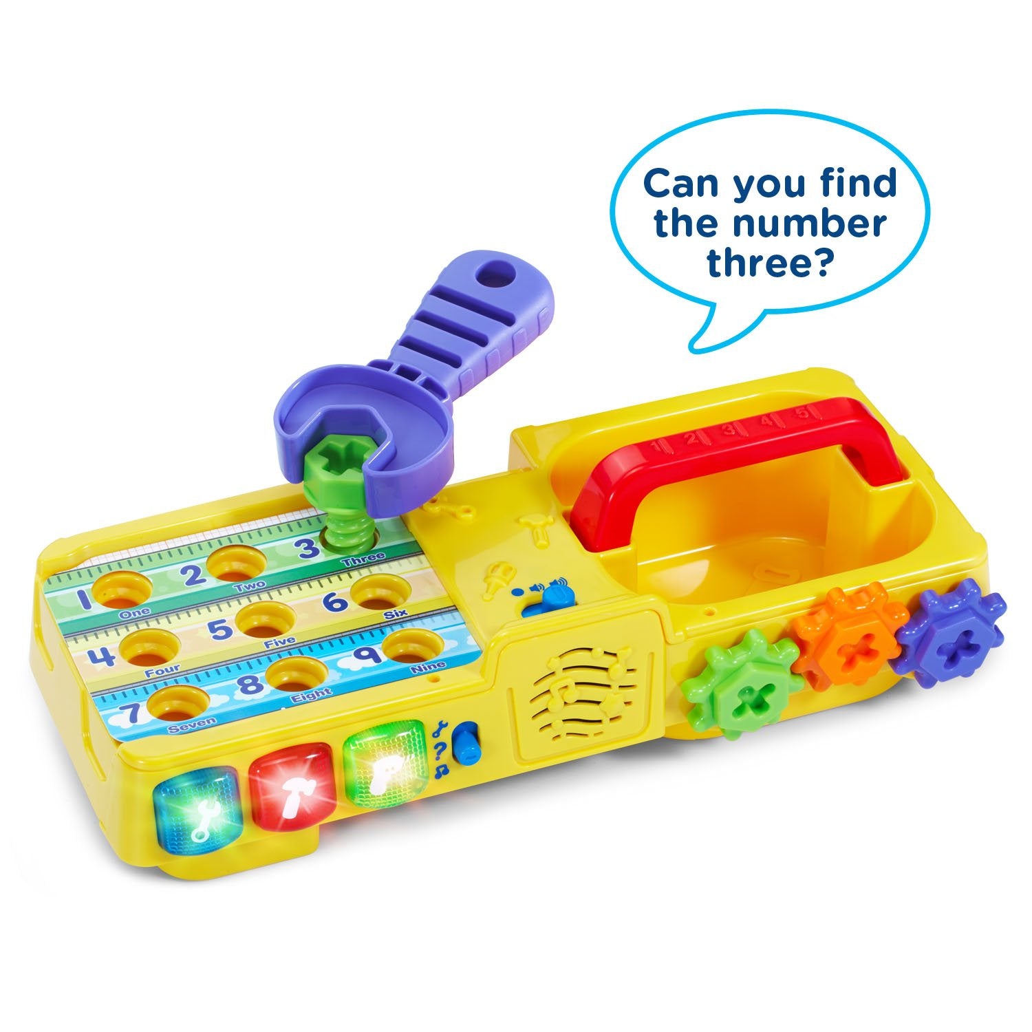 VTech Drill and Learn Toolbox fix-it tray with color-coded cards teaching colors and numbers.