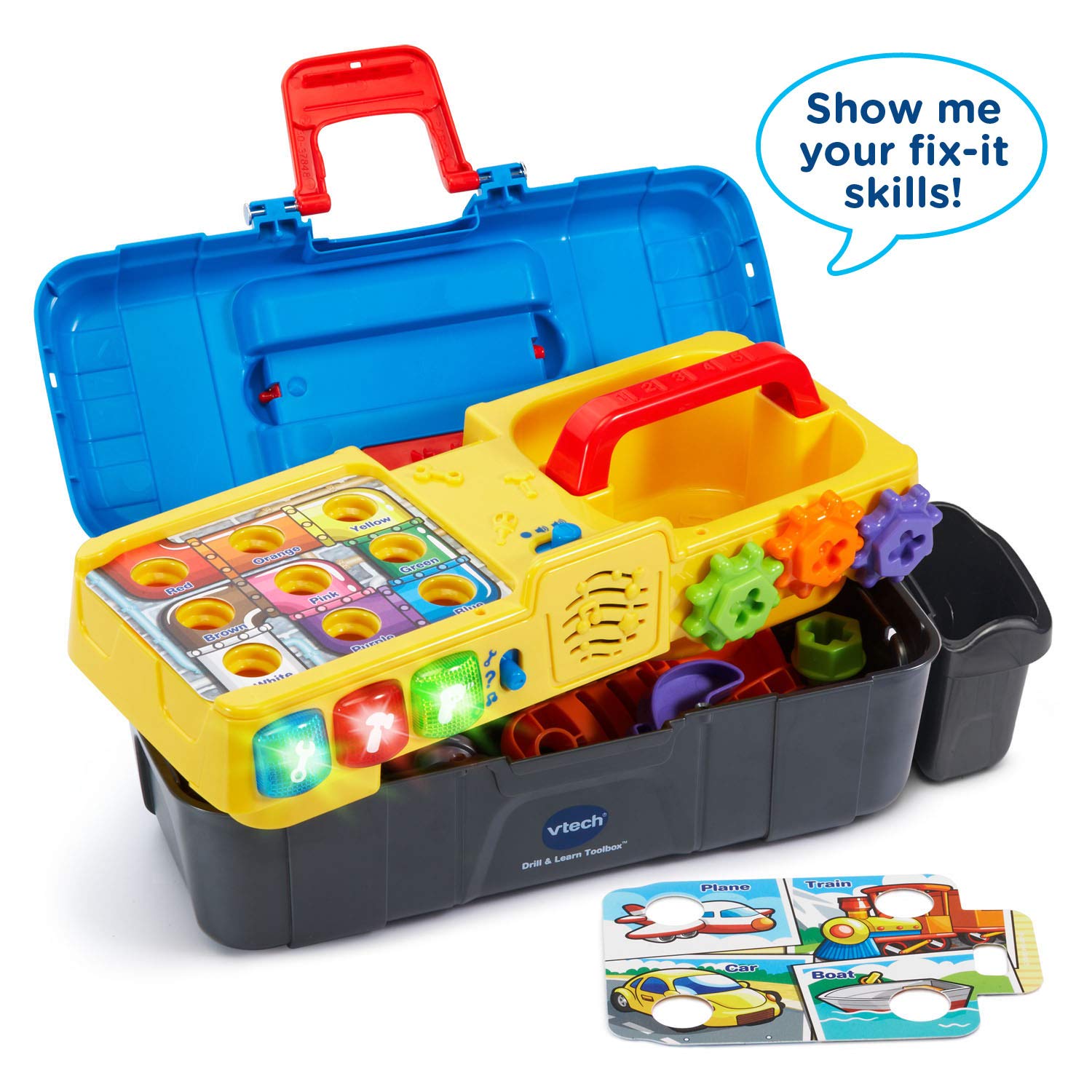 VTech Drill and Learn Toolbox drill in action spinning gears and drilling into the electronic tray.