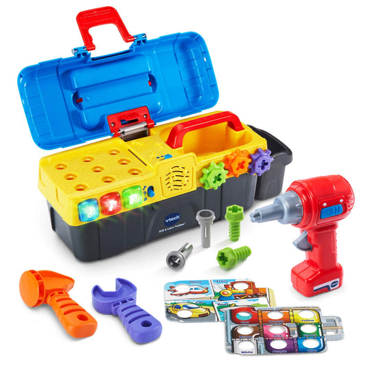 VTech Drill and Learn Toolbox tray open with tools inside for pretend repairs.