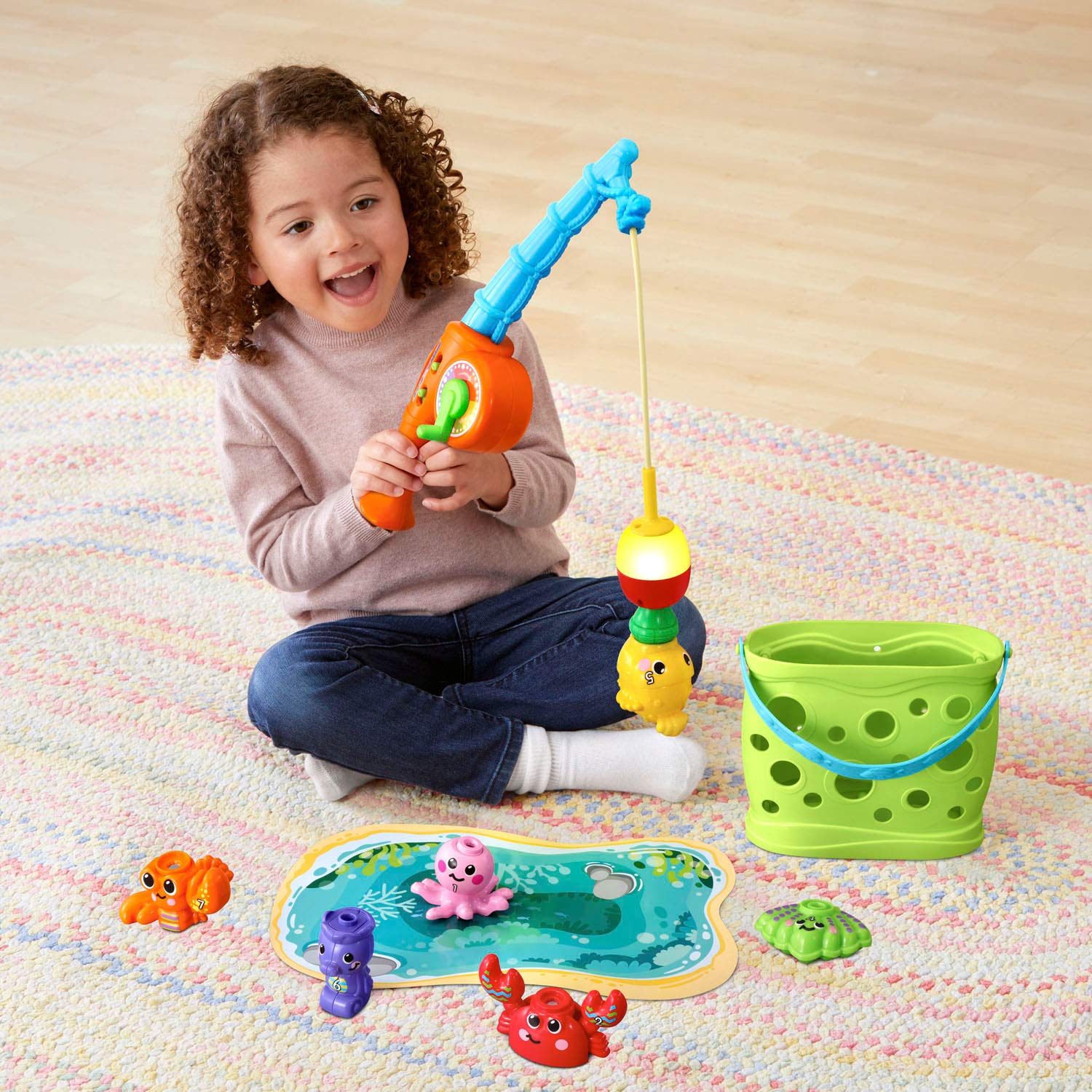 Seven sea creatures wiggle when caught by the magnetic bobber
